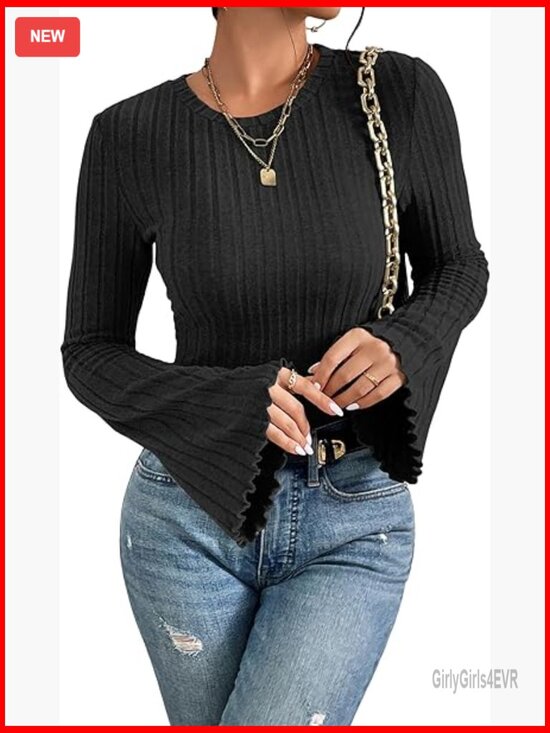 Tops - Long Bell Sleeve T-Shirt Top Pullover Lightweight Knit Crewneck